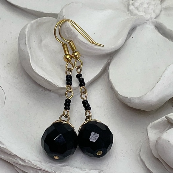 Faceted Black Glass Drop Earrings - Picture 3 of 6